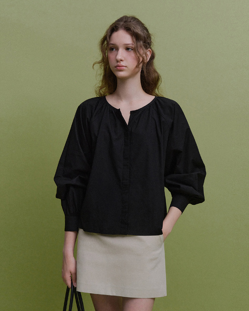 Senna Shirring Cotton Blouse (Black)