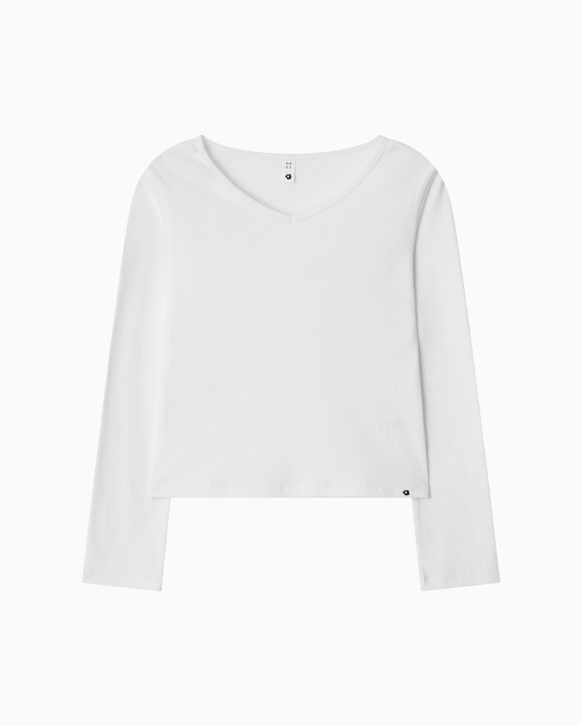 BASIC RIBBED V-NECK LONG SLEEVE, WHITE