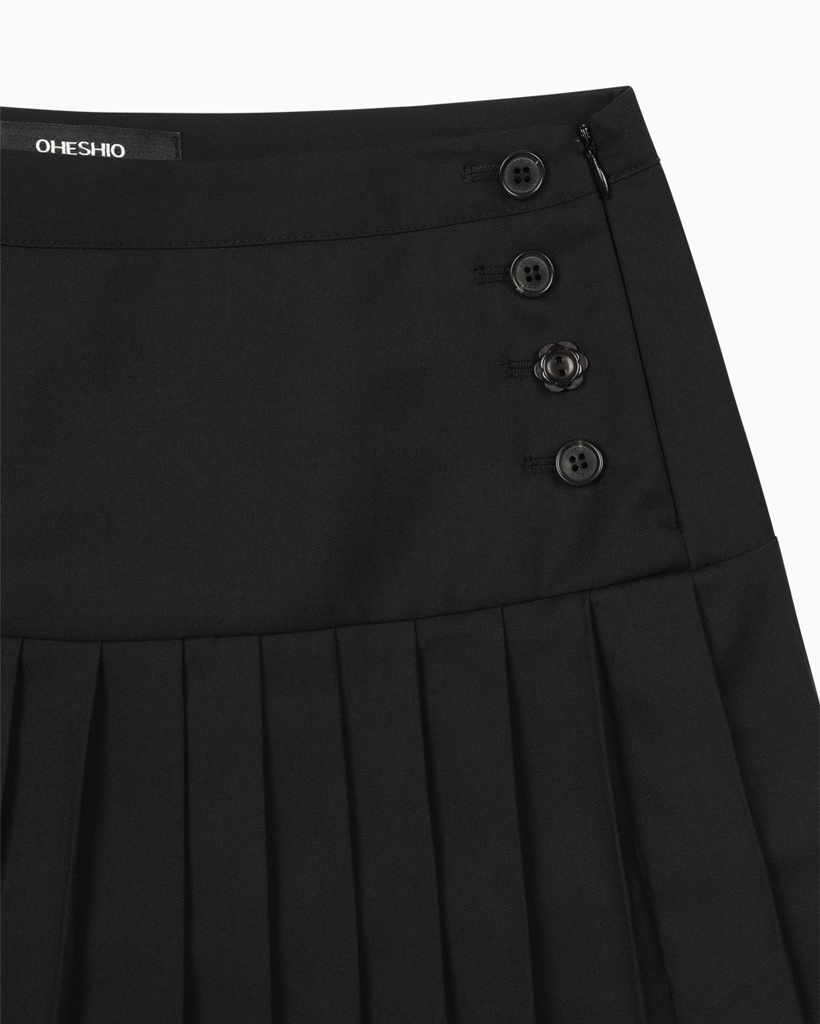 SIDE BUTTON DOUBLE PLEATED MINI SKIRT, BLACK | ファッション通販