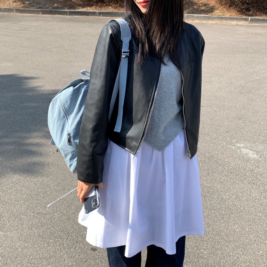 ラウンドネックノーカラークロップドフェイクレザージャケット2color