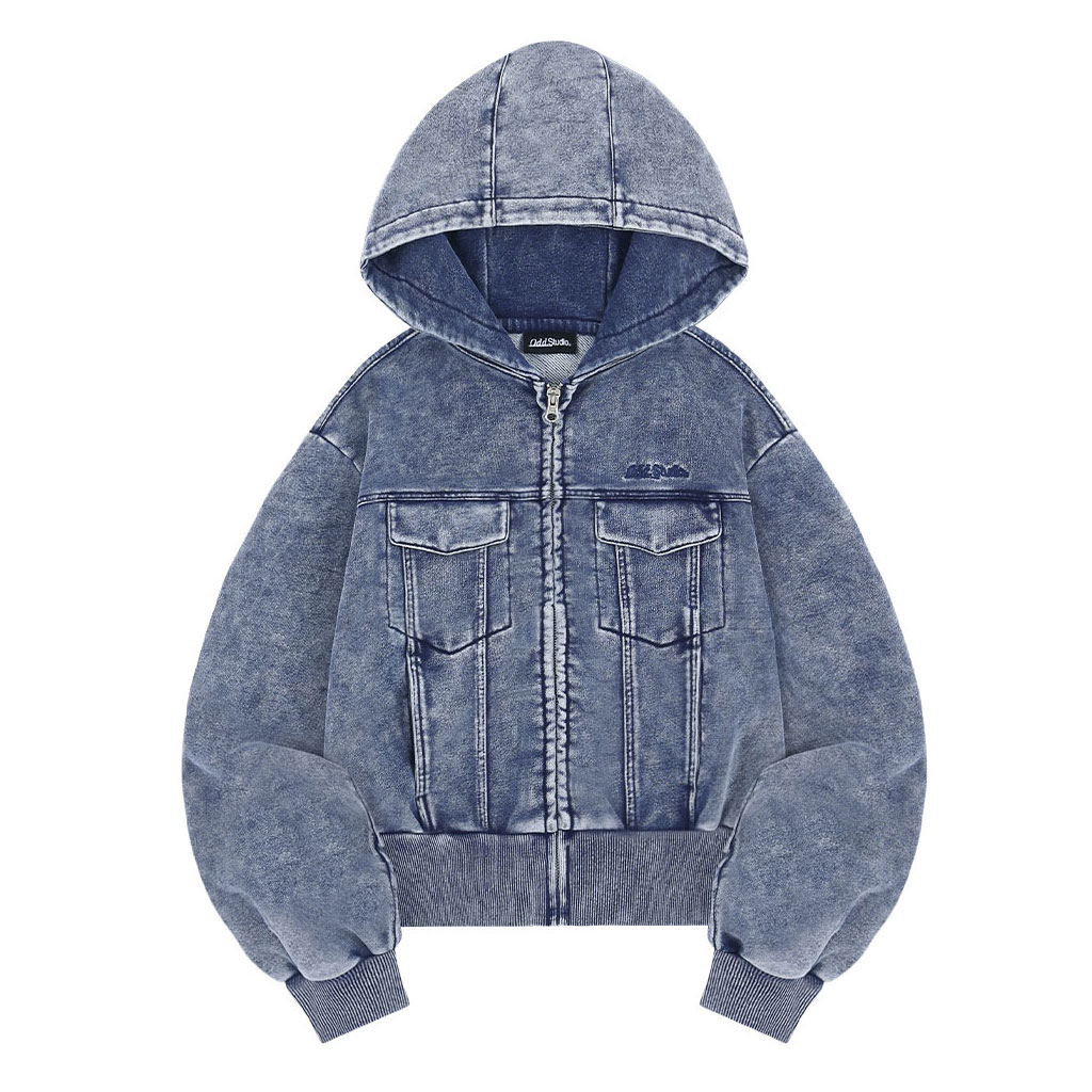 パーカー・フーディ ODD STUDIO ODD SIGNATURE DENIM SWEAT CROP ZIP-UP Odd Signature Denim Sweat Crop Zip-Up - LIGHT BLUE