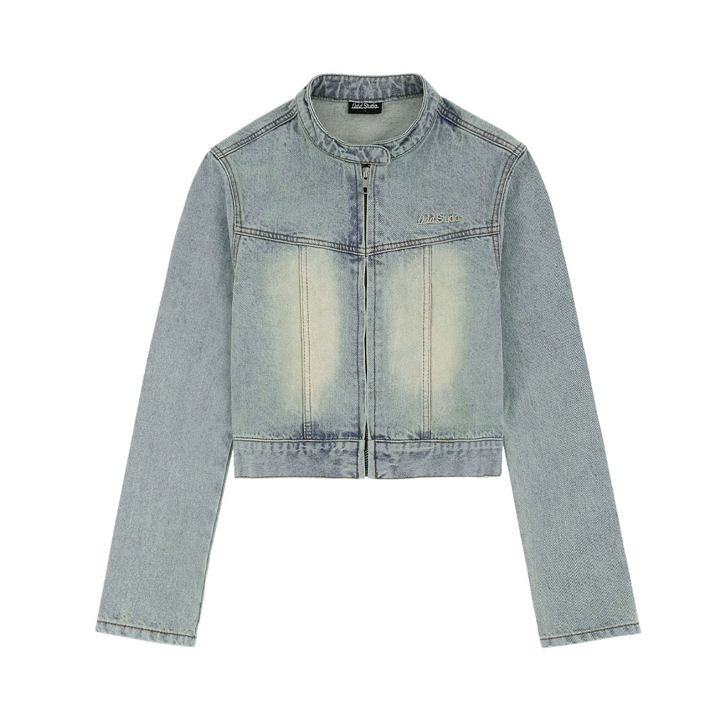 Odd Signature Denim Sweat Crop Zip-Up - LIGHT BLUE
