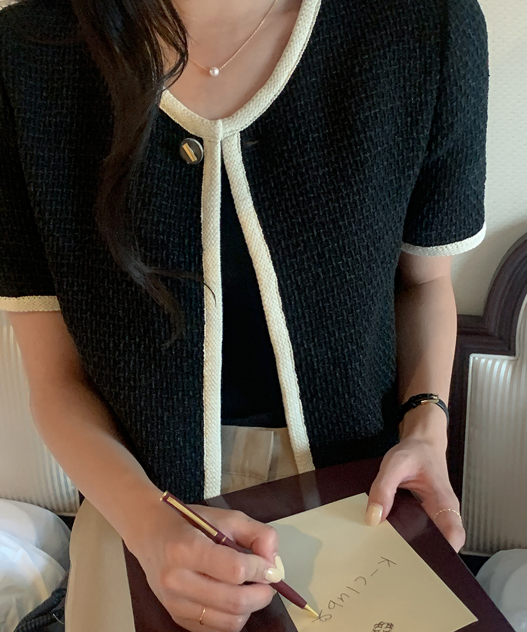 オケージョン】[original/S-XL]ノーカラーツイード半袖