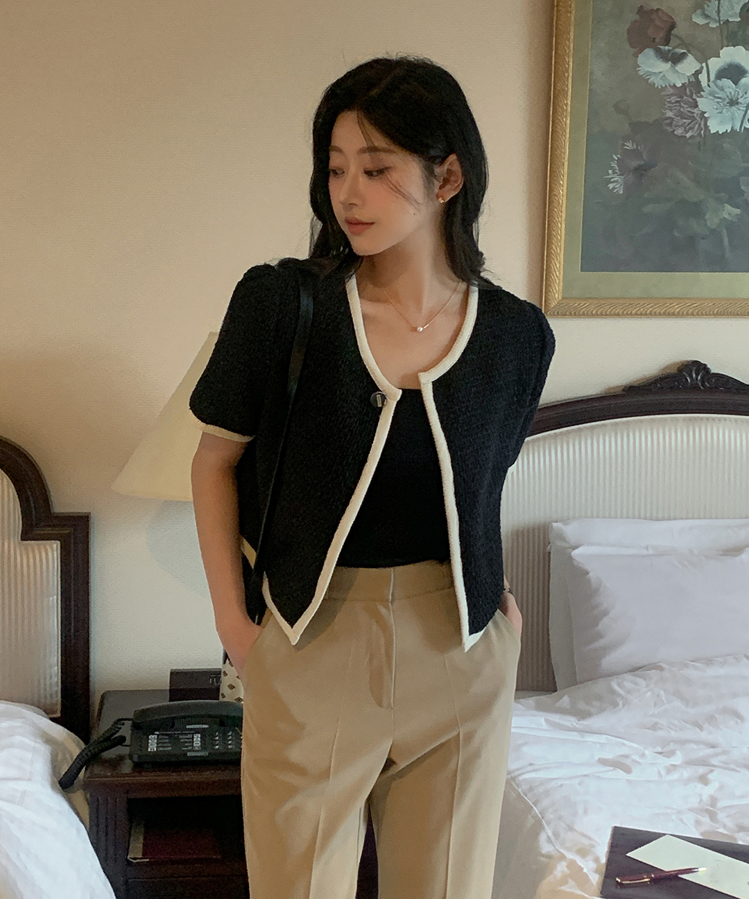 オケージョン】[original/S-XL]ノーカラーツイード半袖