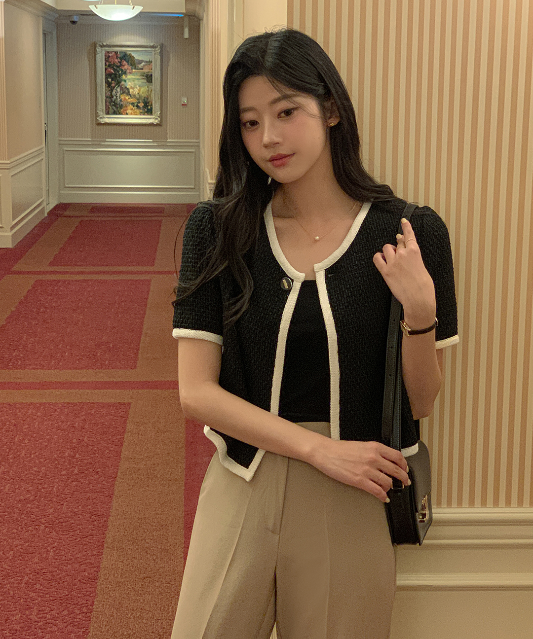 オケージョン】[original/S-XL]ノーカラーツイード半袖