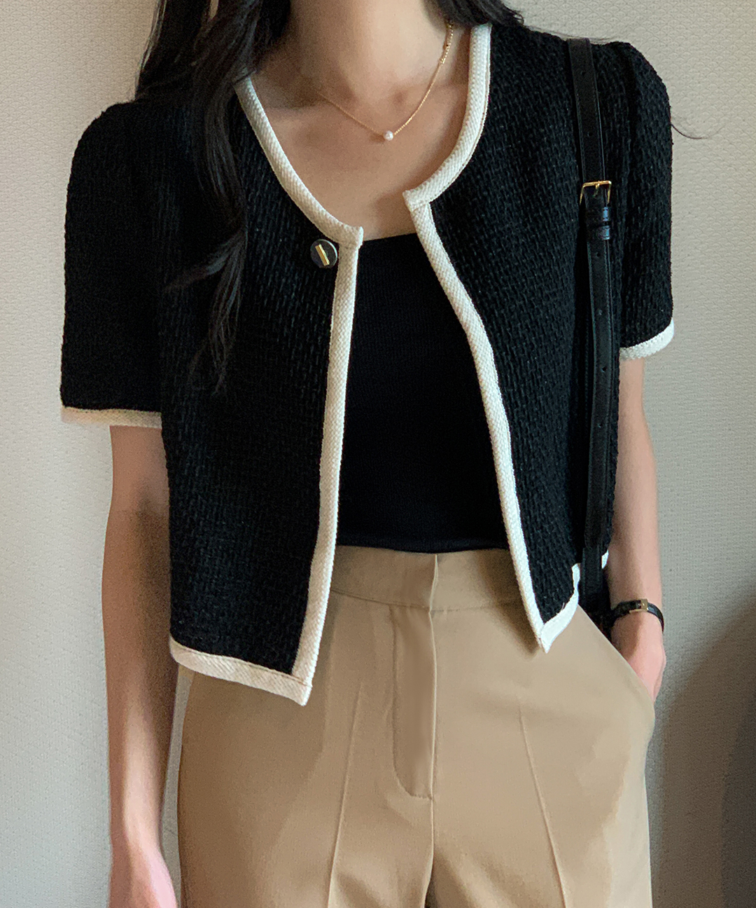 オケージョン】[original/S-XL]ノーカラーツイード半袖