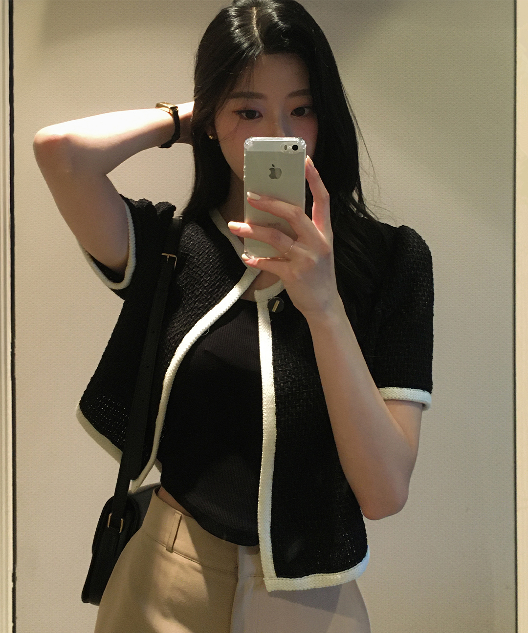 オケージョン】[original/S-XL]ノーカラーツイード半袖