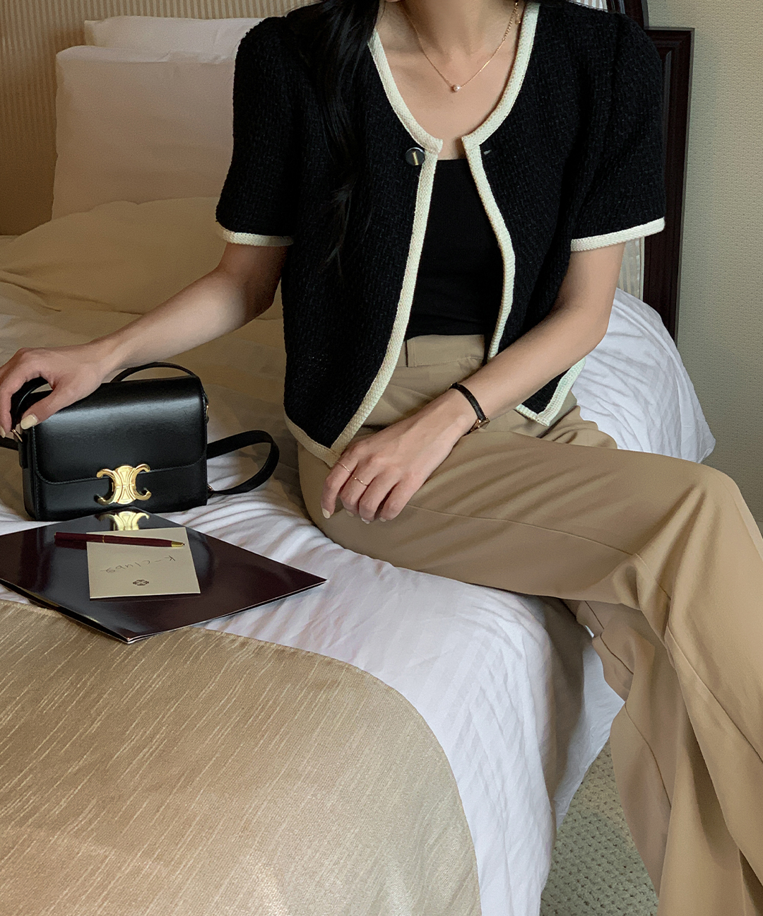 original/S-XL]ノーカラーツイード半袖ジャケット