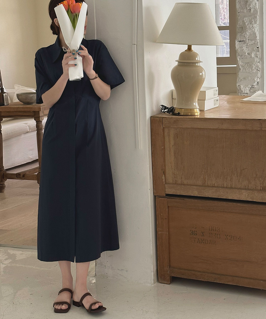 【オケージョン】[original/SXL]タック入リシャツロングワンピース