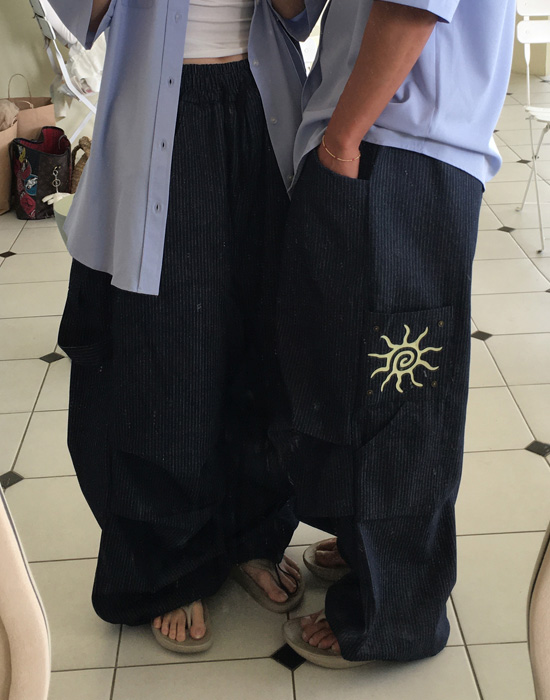 (UNISEX)ストライプバルーンデニムパンツ