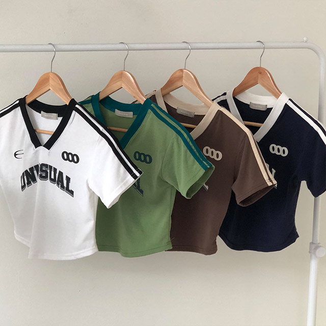 4color]y2kカジュアルバイカラーラインクロップド半袖Tシャツ