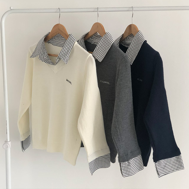 レイヤードチェックシャツカラーVネックニット | ファッション通販