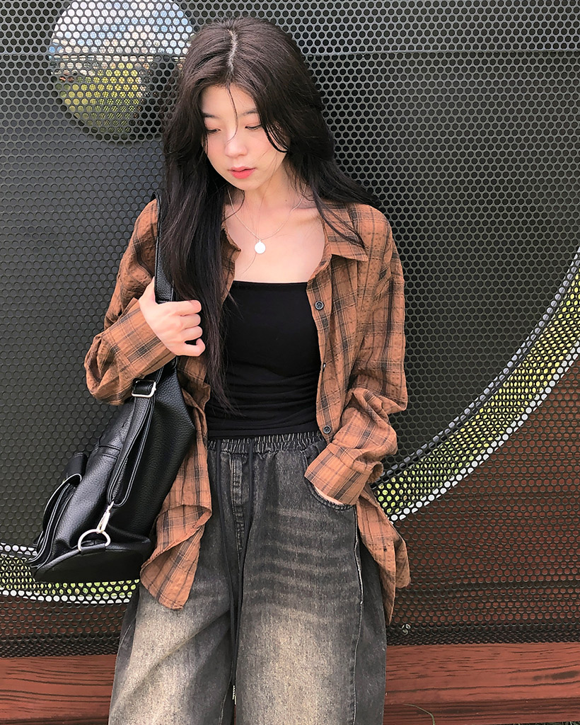 ブラウン系チェック パフスリーブブラウス ブラウン系チェック パフスリーブブラウス