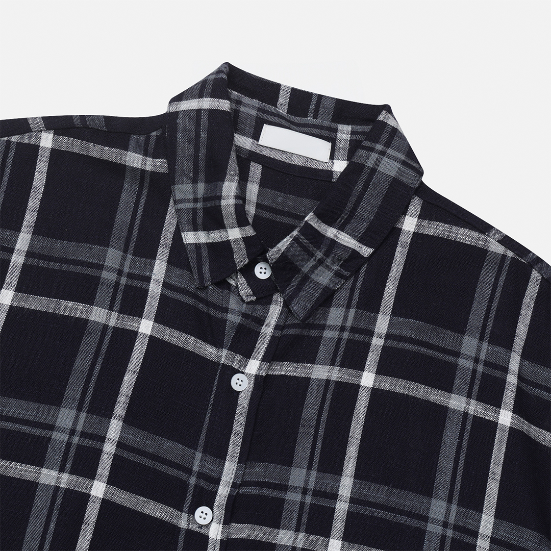 リネンビッグチェックカットソー ネイビー unisex)リネンチェックシャツ（2色） | ファッション通販サイト NUGU
