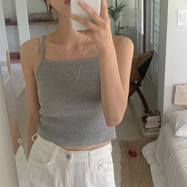 リブクロップドノースリーブ夏スリム