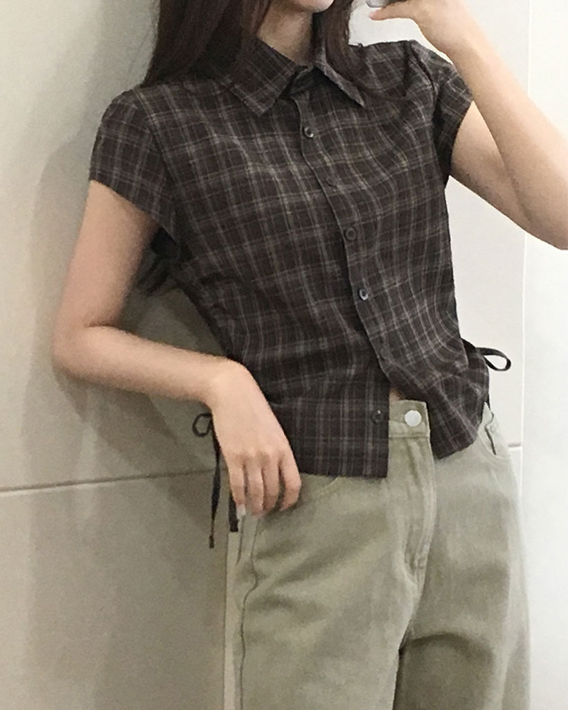 シャーリングチェックミニワンピース ブラウン フリーサイズ 半袖 シャーリングチェックミニワンピース ブラウン フリーサイズ