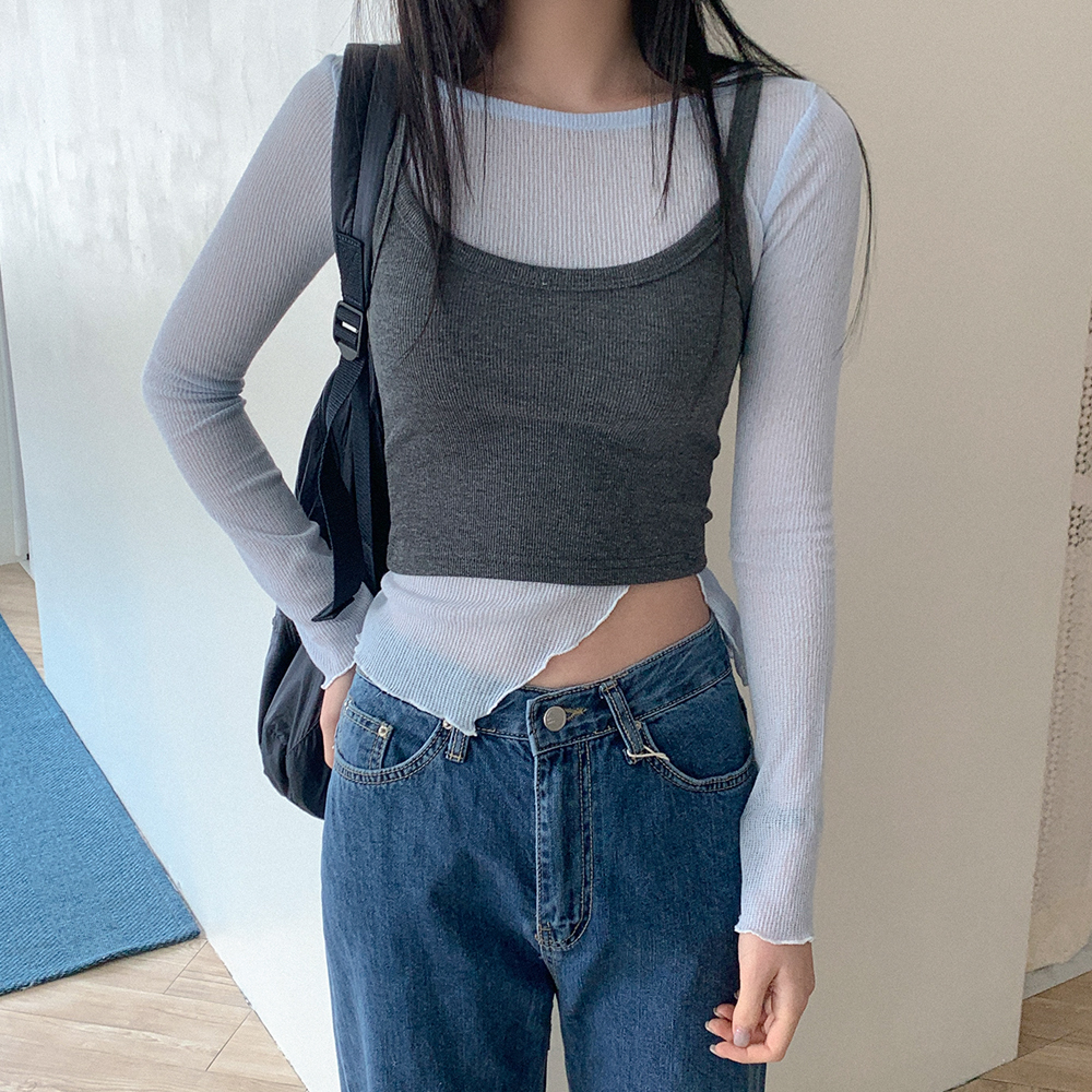 SET] シースルー長袖Tシャツ+ノースリーブトップス