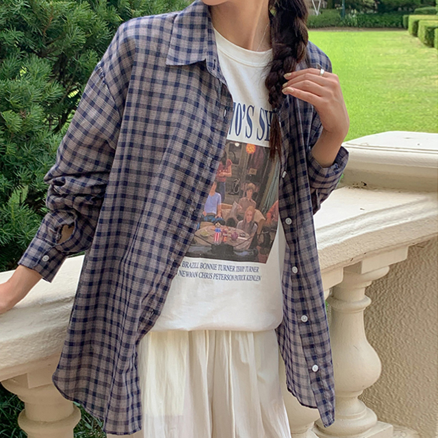 オーバーサイズチェックコットン長袖シャツ