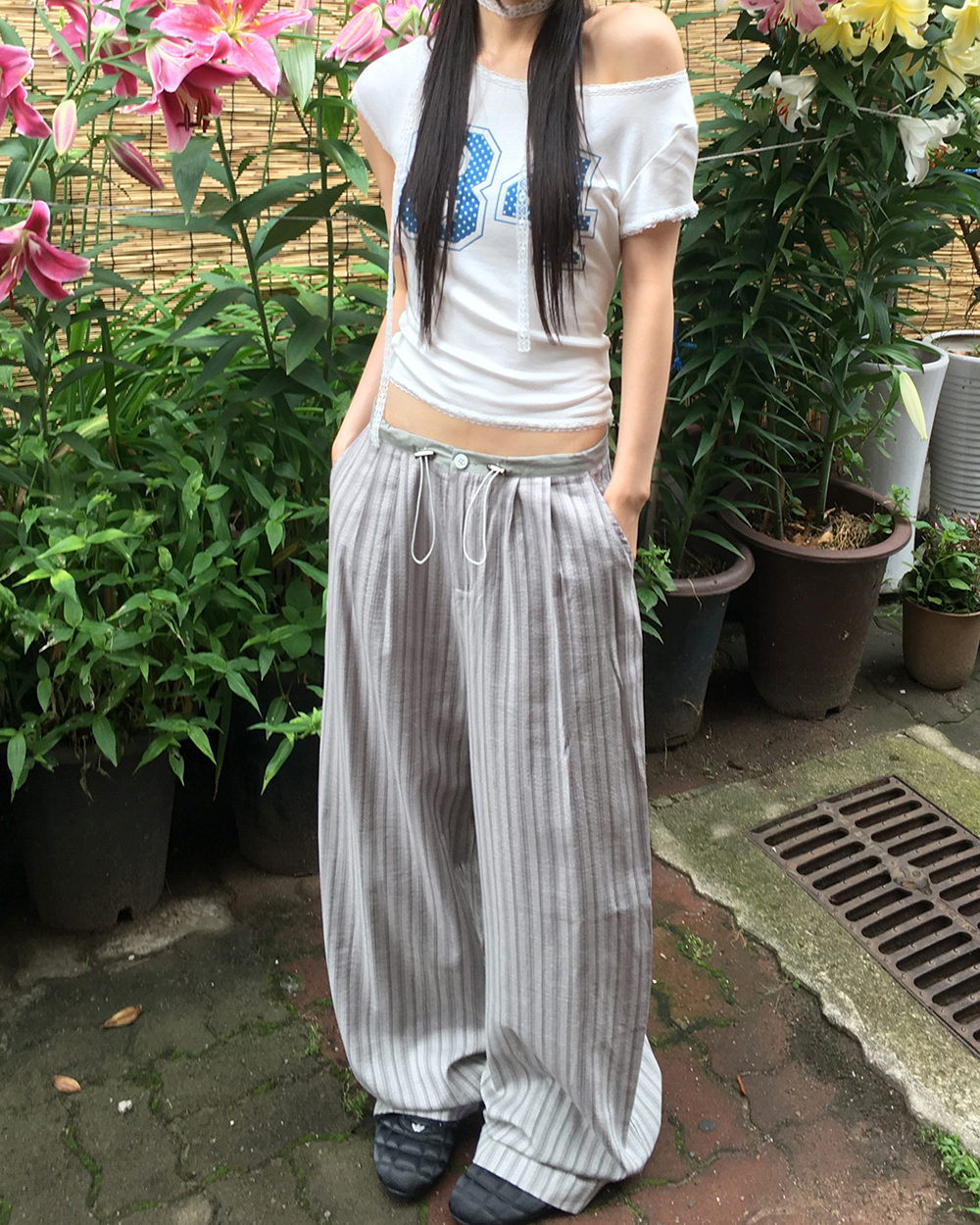 ストライプバイカラーストリングロングワイドパンツ