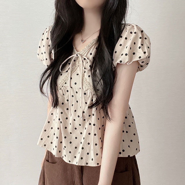 レースVネックドットパフリボンティアード半袖ブラウス