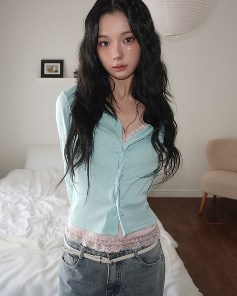 (4 color) パステル ねじり デザイン ボタン Vネック カーディガン