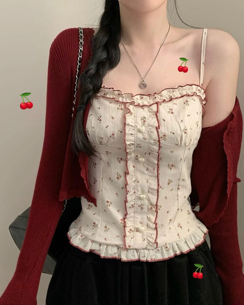 [ セット ] フラワー ハート ボタン フリル キャミソール & レース カーディガン SET (4color)