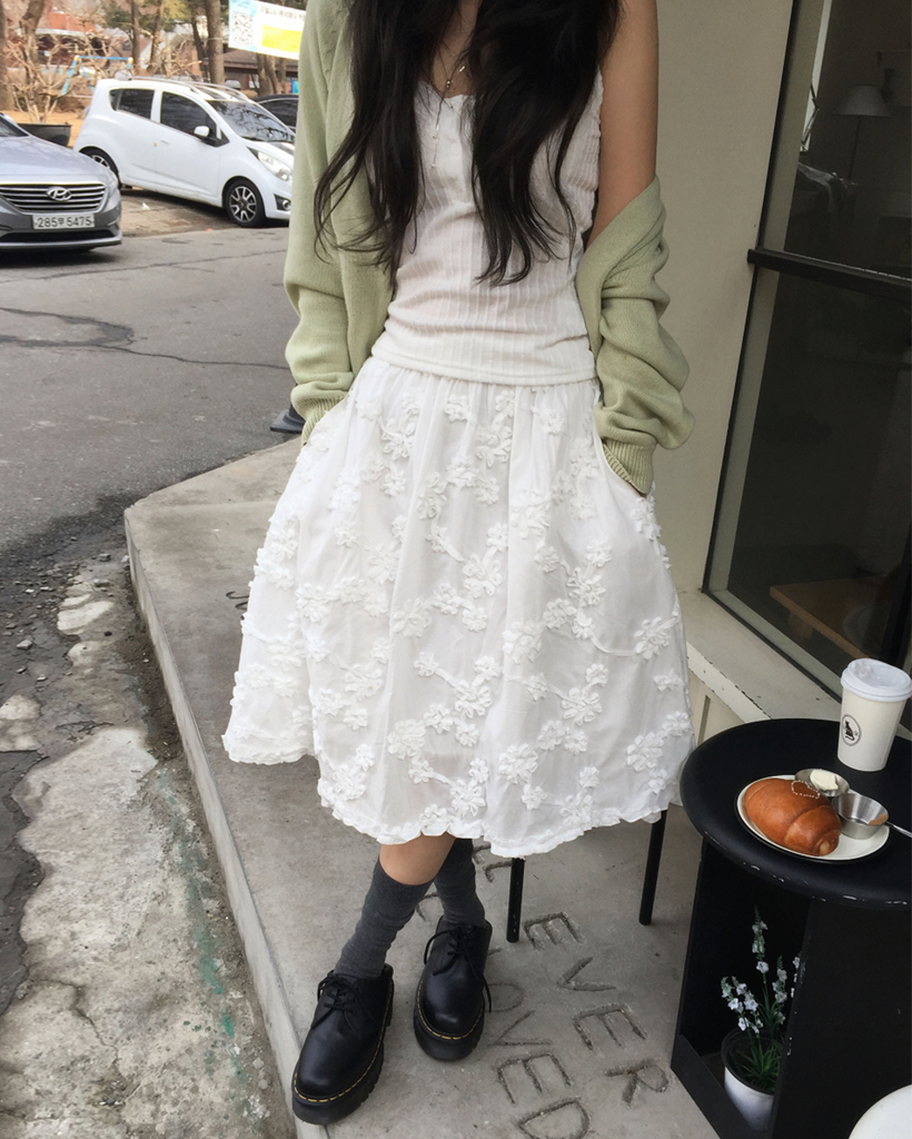 (2color)フラワー レース ミディ スカート