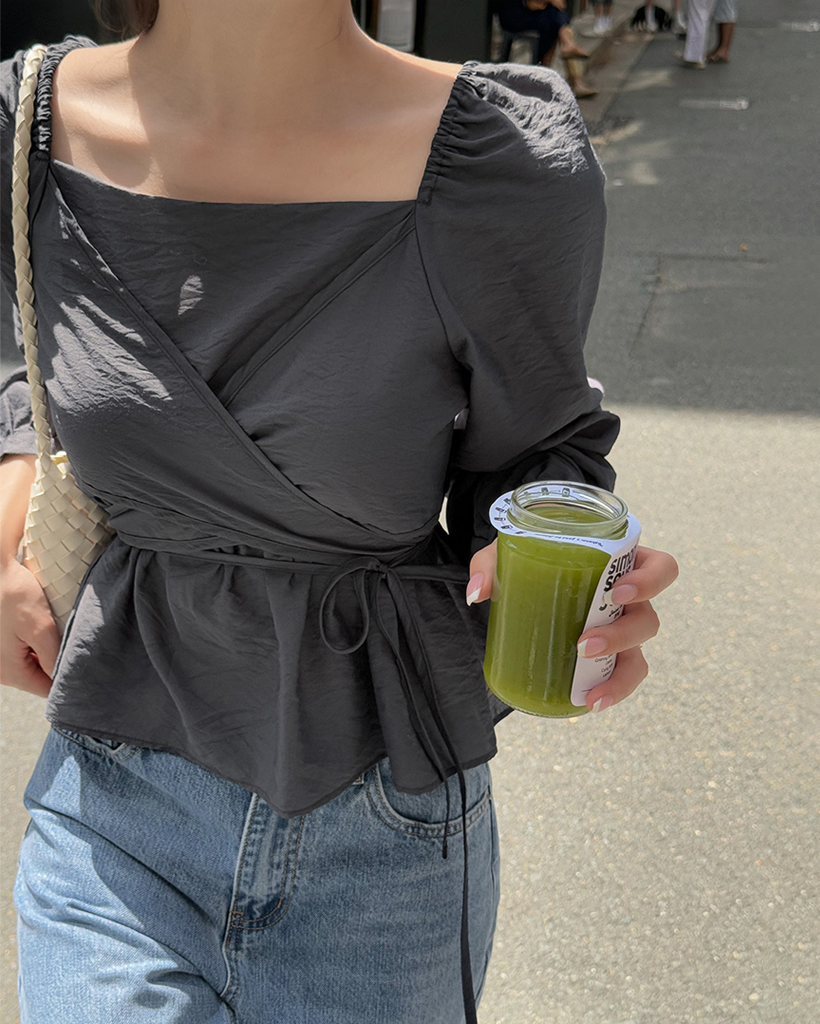 (4 color) リボン ラップ パフスリーブ ブラウス