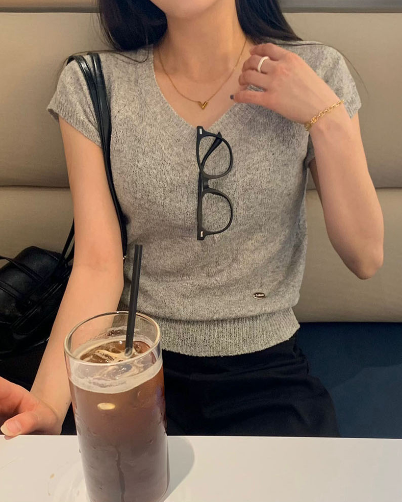 (ORIGINAL) Vネック リネン 半袖 ニット