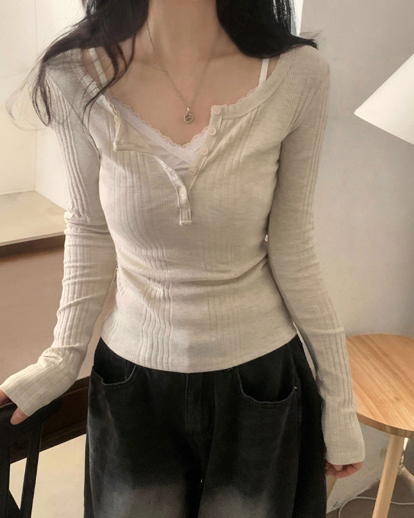 (5color) クルーネック ボタン リブ ロンT ニット