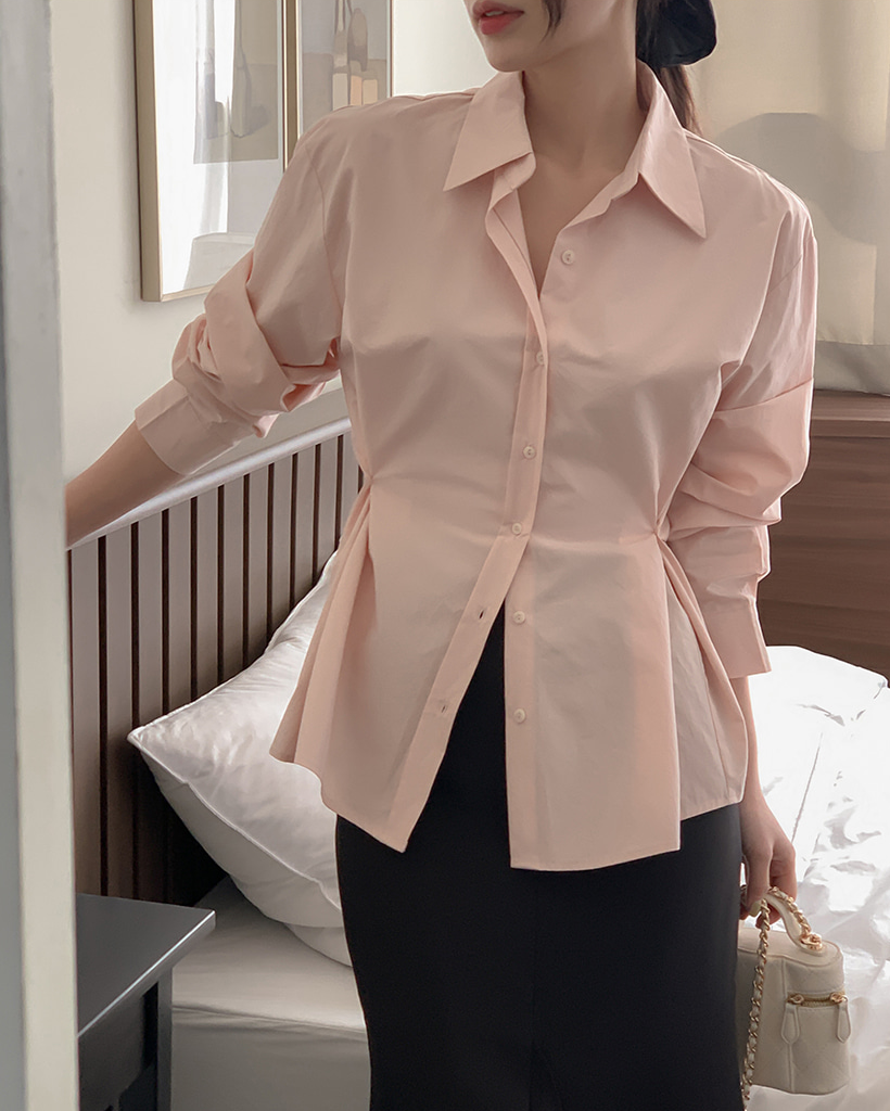 Vネックピンタックコットンシャツ