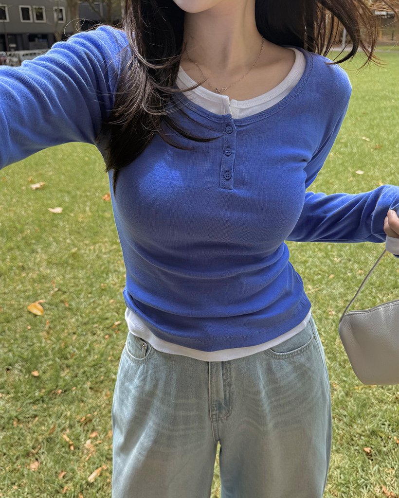 [2type] 無地 & ボーダー ボタン ロンT