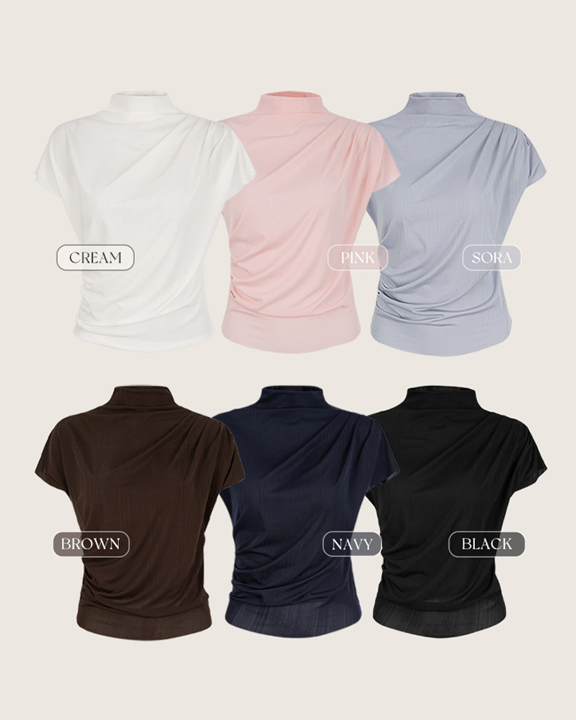 6color) ハイネック ドレープ シャーリング ブラウス トップス