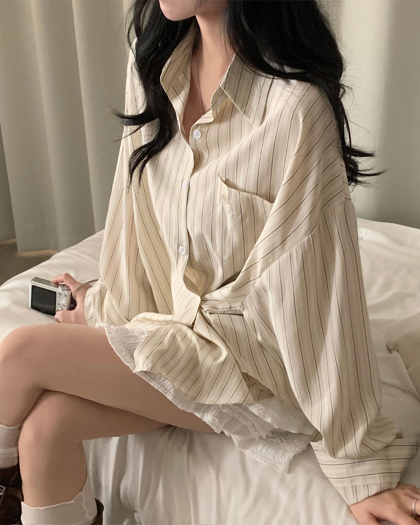 (3color)ストライプ ボーダーラップオーバーサイズシャツ