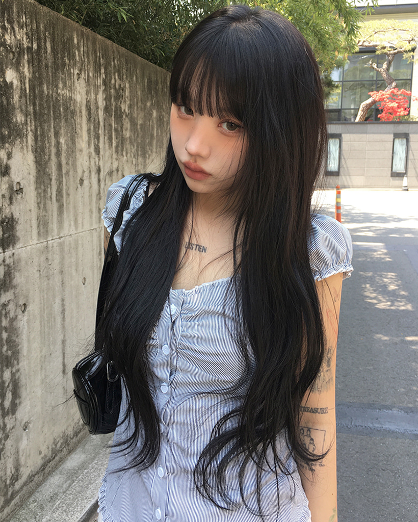 [original] ブルー ストライプ ボーダー シャーリング ブラウス