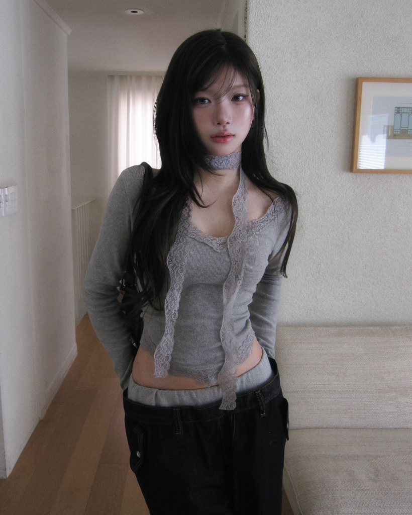 [set] Vネック レース Tシャツ スカーフ セット