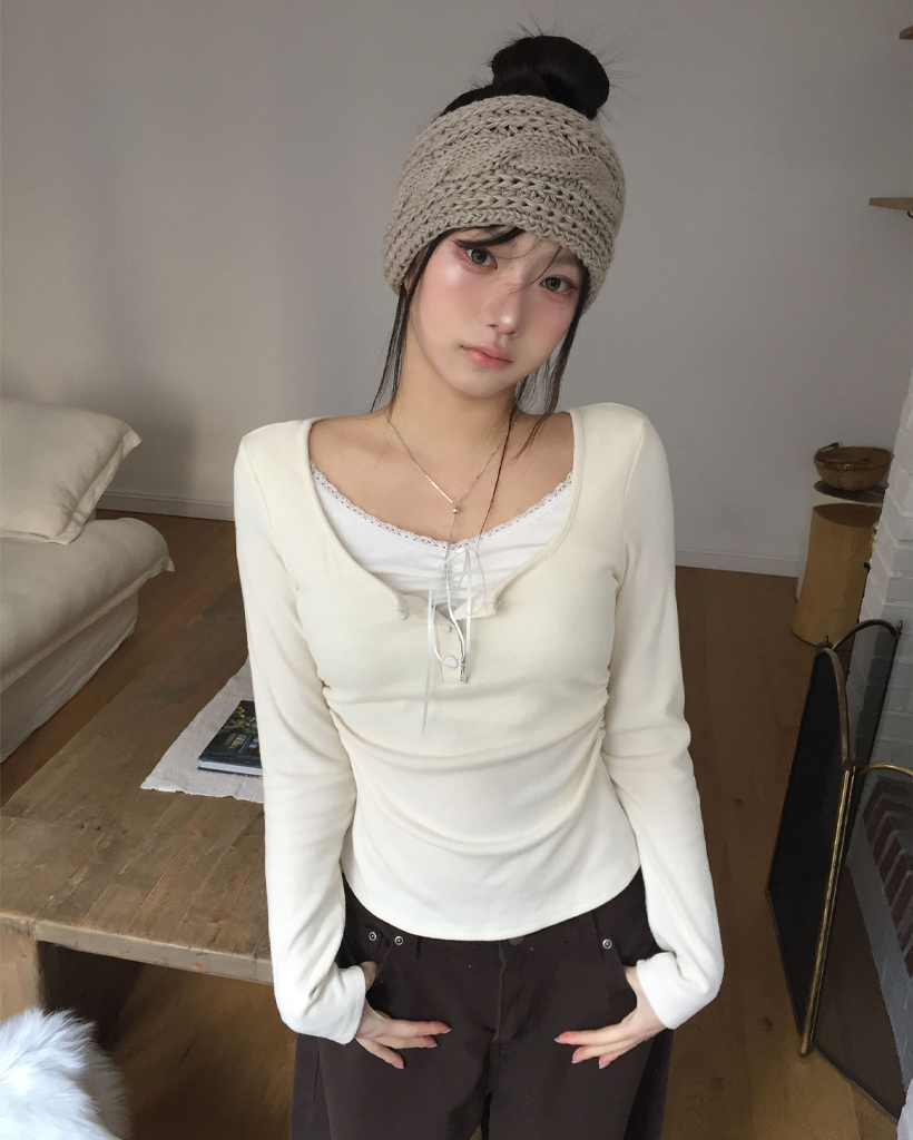 (4color) リボン レース シャーリング 長袖 Tシャツ