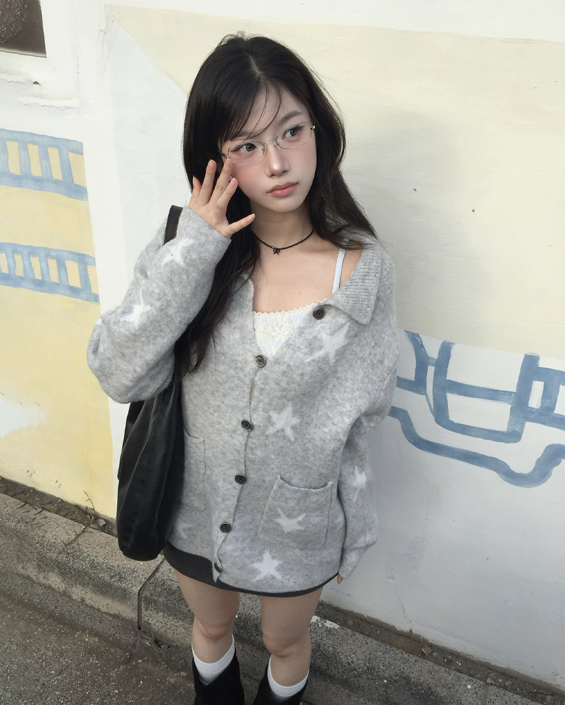 オーバーサイズ ユニーク スターモチーフ カーディガン