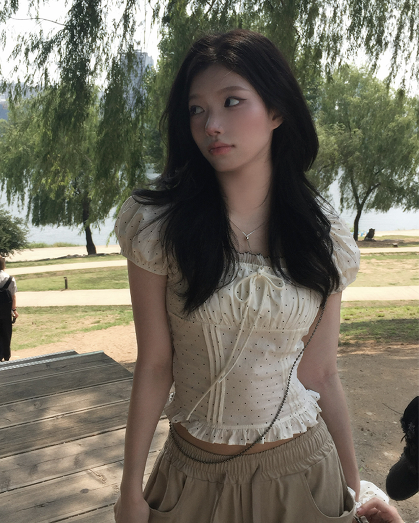 [シュシュセット] ドット 半袖 パフ ブラウス