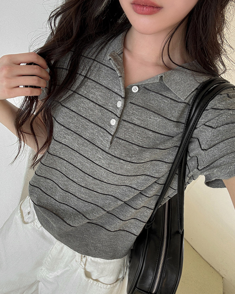 [original] リネン ボーダー 襟付き 半袖 ニット