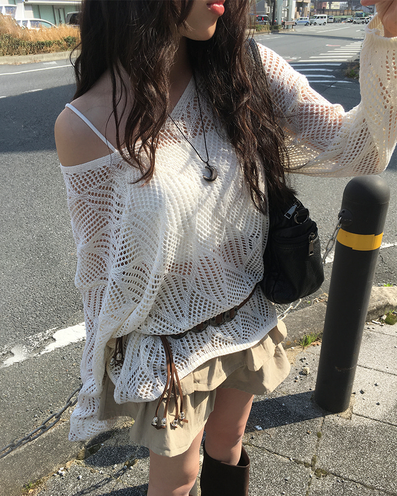 [3ピース セット] ルーズフィット ヴィンテージ メッシュ ニット  &  クロップ キャミソール  &  ベルト (3color)