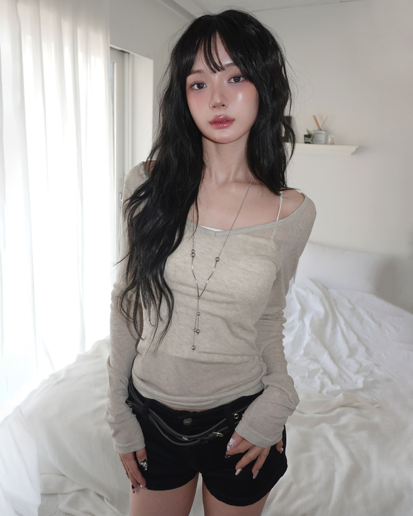 (13color) レイヤード シアー ディープ Vネック テンセル Tシャツ