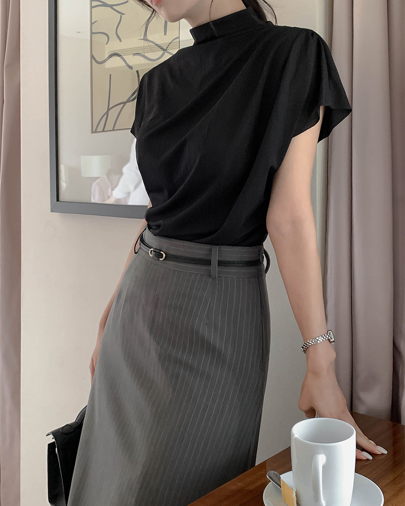 6color) ハイネック ドレープ シャーリング ブラウス トップス