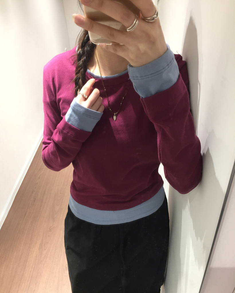 (4color) 重ね着風 ドッキング レイヤード ロンT トップス Tシャツ