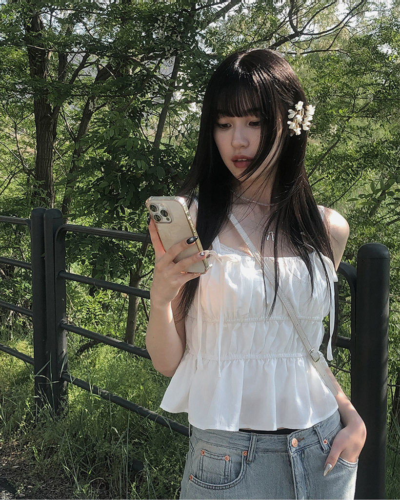 リボンシャーリングキャミペプラムブラウス (2color)