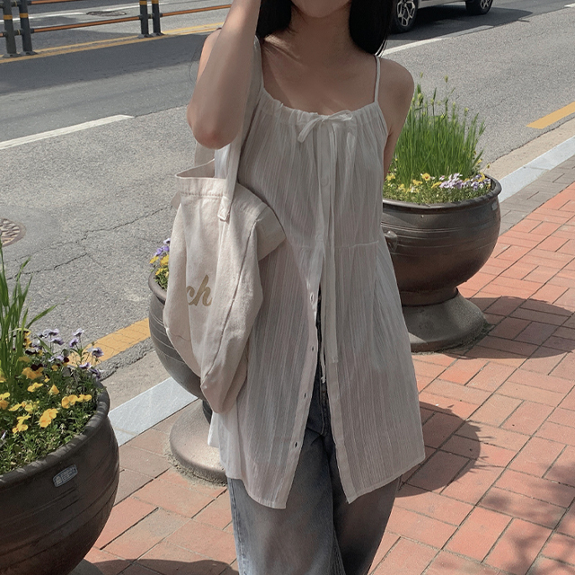 シースルーリボンボタンミニキャミワンピース | ファッション