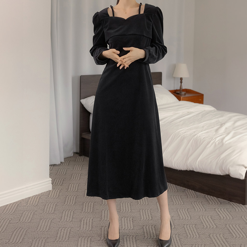 オケージョン】ベロアストラップハートネックロングドレスワンピース