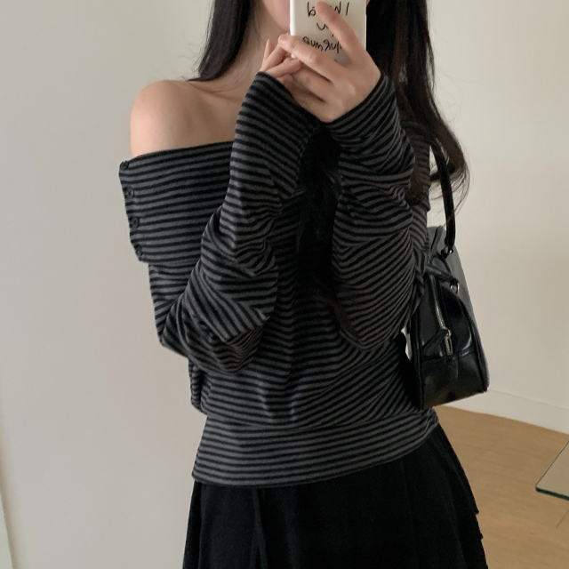 ストライプ ボーダーオフショルボタンTシャツ