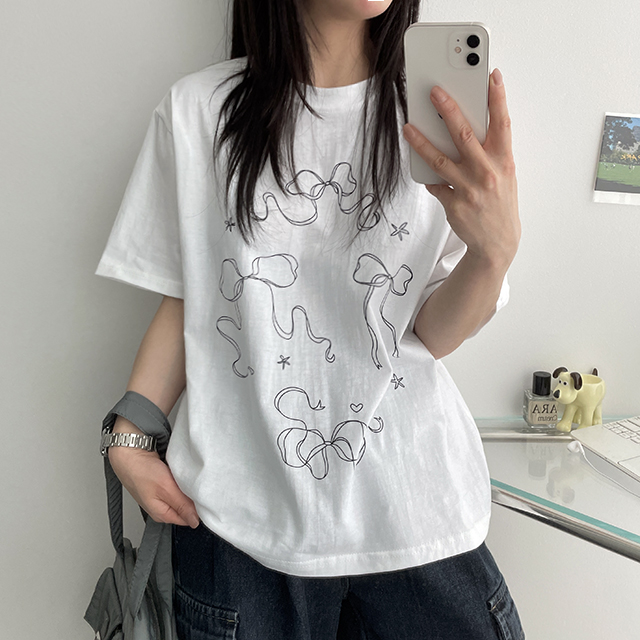 リボンプリントオーバーサイズ半袖Ｔシャツ(4color)