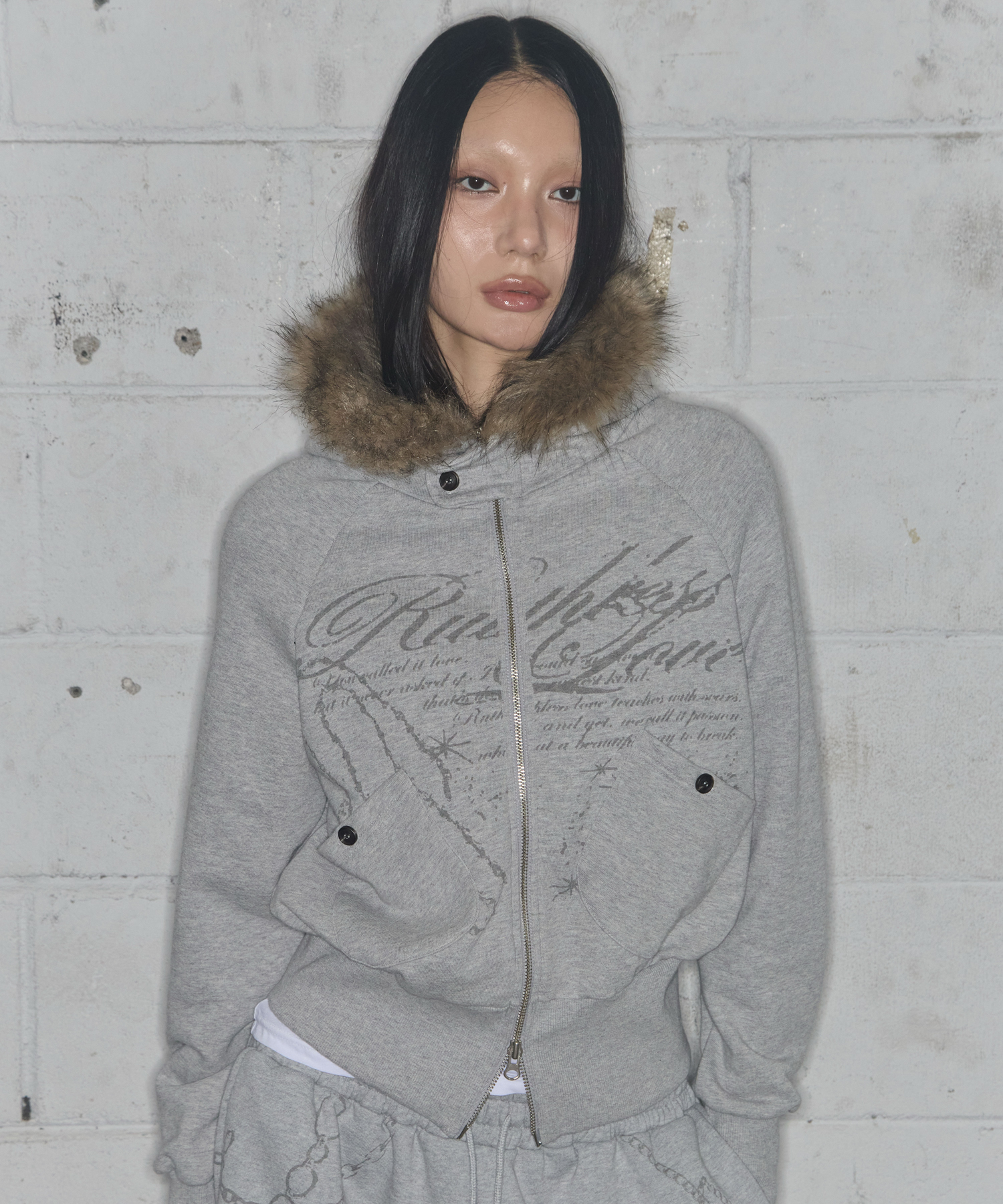 RUTHLESS FUR HOODED ZIP-UP (GRAY) F25ZA005